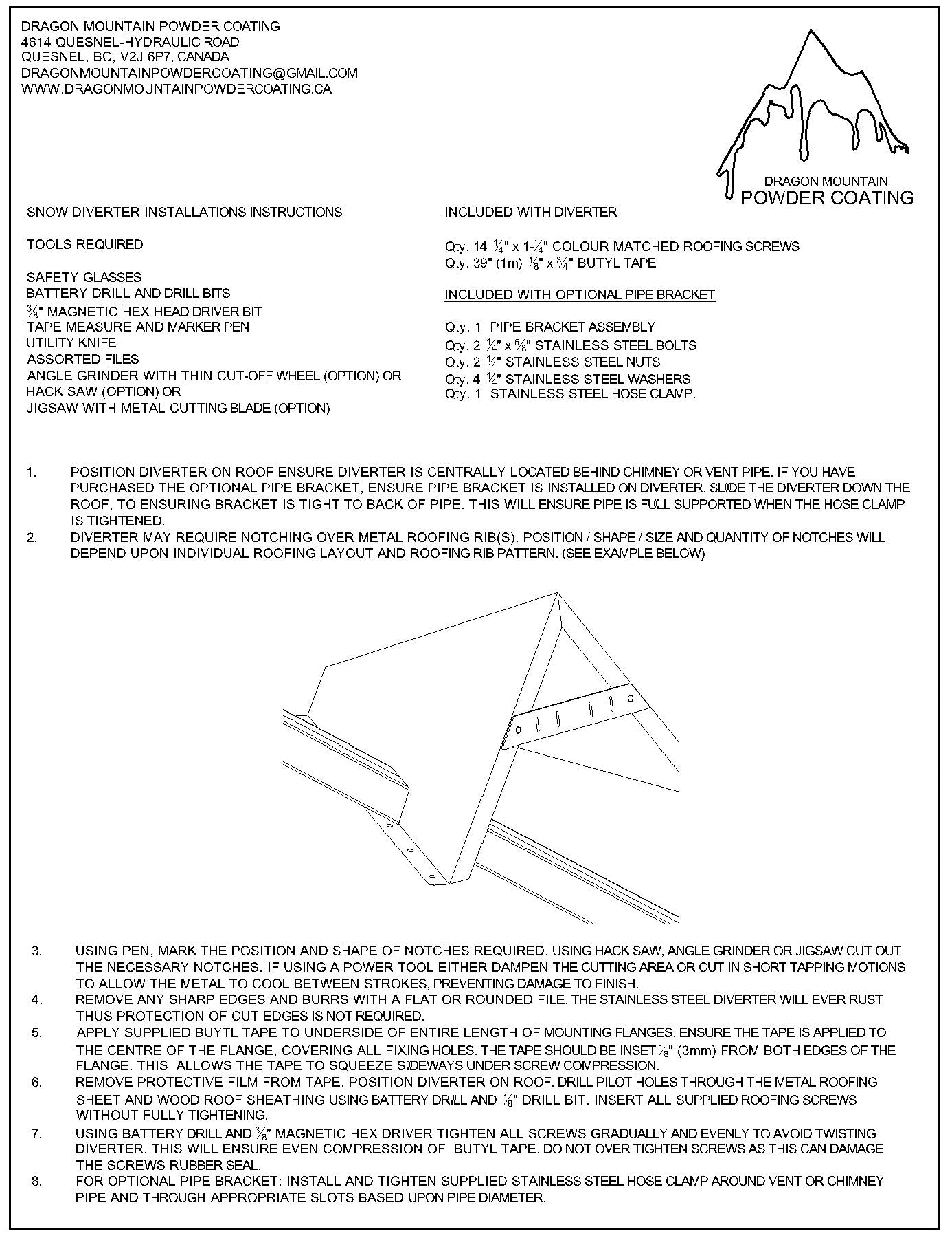 Snow Splitter - Snow Diverter - Steel Roof Chimney Saver - Installation Instructions